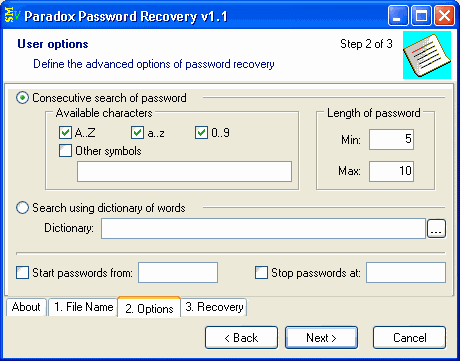 Paradox Password Recovery screenshot